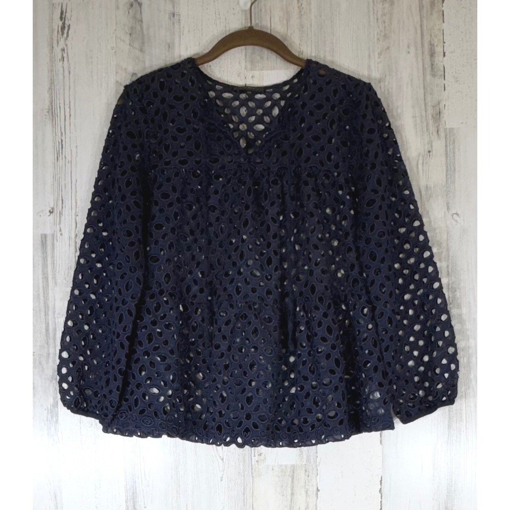 J Crew Babydoll Tiered Top Size XS Navy Blue Tie Neck Open Knit Eyelet Oversized